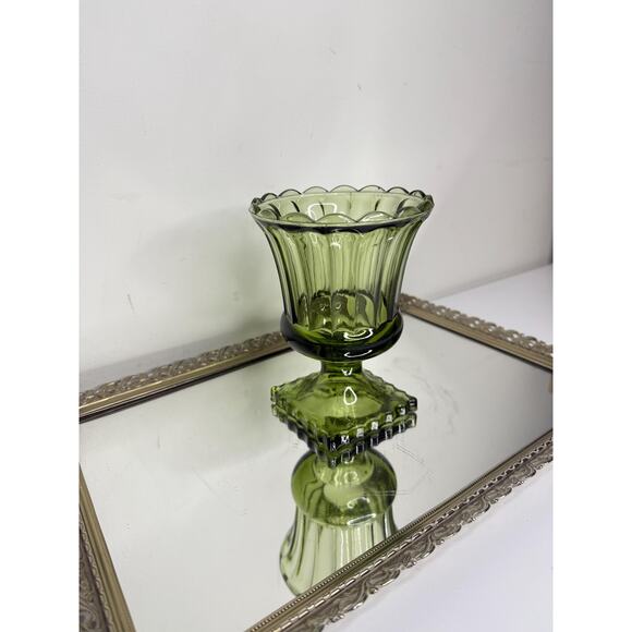 Vintage Indiana Glass, Avocado Green, Small Footed Vase, Scalloped Rim - Picture 3 of 10